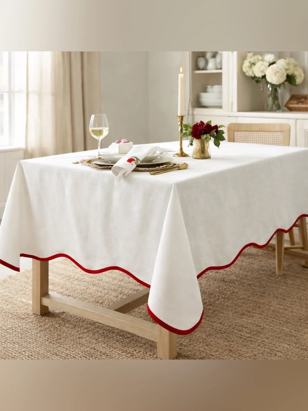 Threshold White Tablecloth Red Trim 60x84 Rectangular Cotton Linen Farmhouse NWT